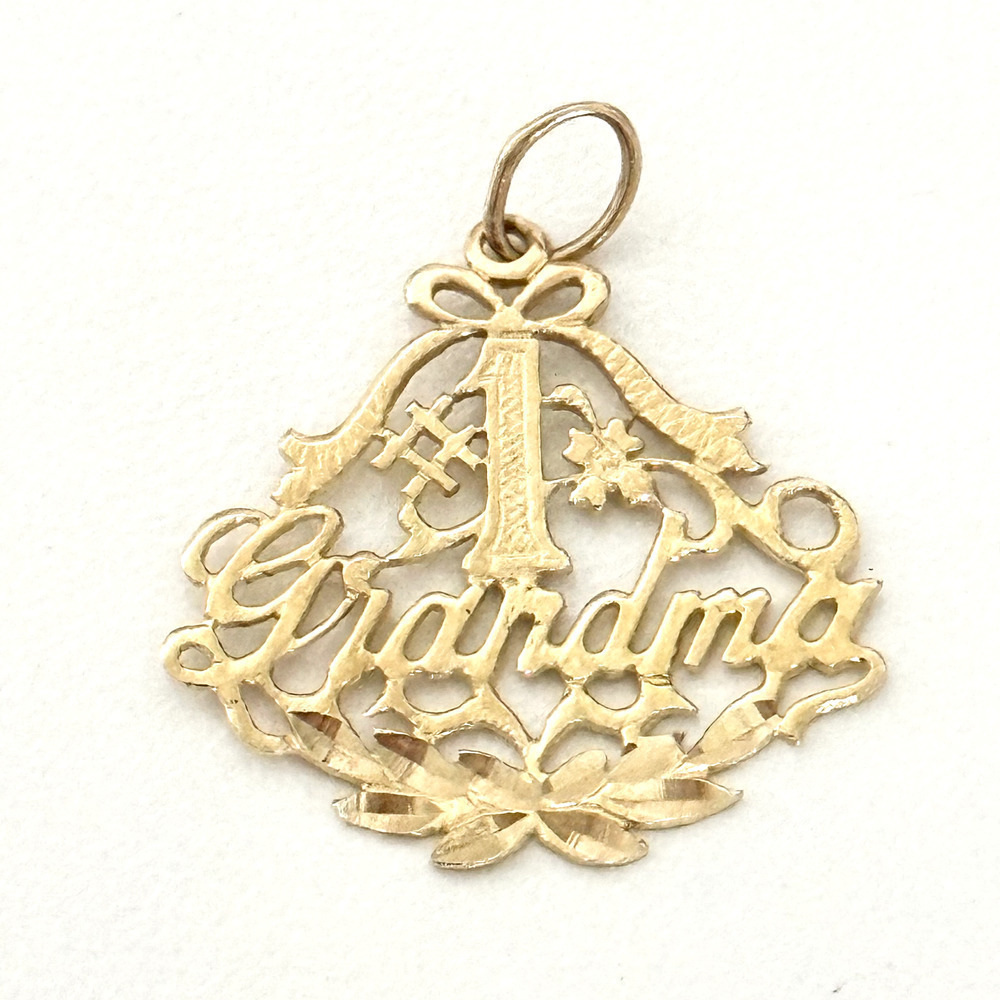 14K Solid Yellow Gold #1 Grandma Floral Scroll Charm Pendant